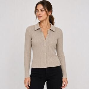 Alex Mill Jackie Polo Cardigan Small Beige Cotton Linen Ribbed Knit Minimalist